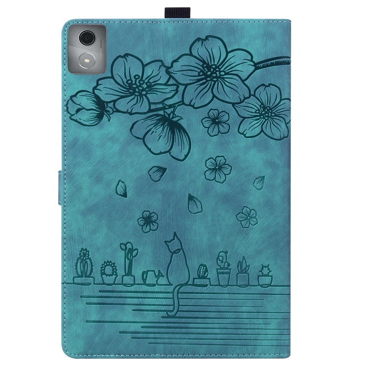 For Lenovo Tab K11 Plus / M11 Plus Cartoon Sakura Cat Embossed Leather Tablet Case(Green)