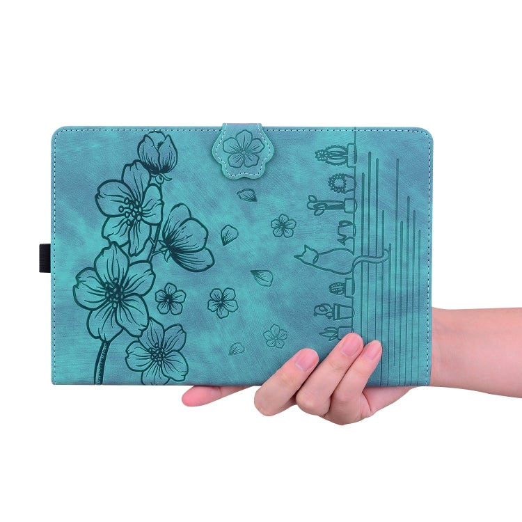 For Lenovo Tab K11 Plus / M11 Plus Cartoon Sakura Cat Embossed Leather Tablet Case(Green)