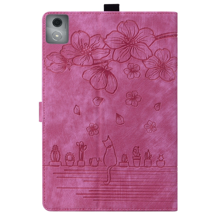 For Lenovo Tab K11 Plus / M11 Plus Cartoon Sakura Cat Embossed Leather Tablet Case(Rose Red)