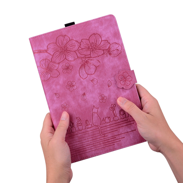 For Lenovo Tab K11 Plus / M11 Plus Cartoon Sakura Cat Embossed Leather Tablet Case(Rose Red)