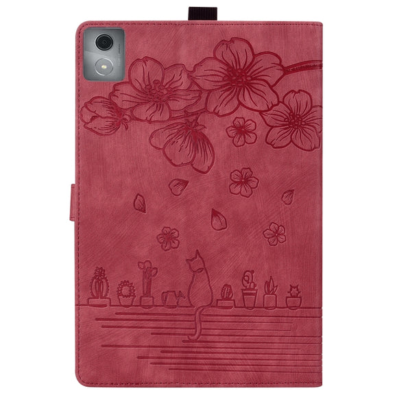 For Lenovo Tab K11 Plus / M11 Plus Cartoon Sakura Cat Embossed Leather Tablet Case(Red)