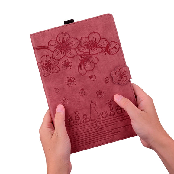 For Lenovo Tab K11 Plus / M11 Plus Cartoon Sakura Cat Embossed Leather Tablet Case(Red)