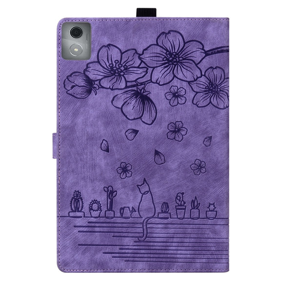 For Lenovo Tab K11 Plus / M11 Plus Cartoon Sakura Cat Embossed Leather Tablet Case(Purple)