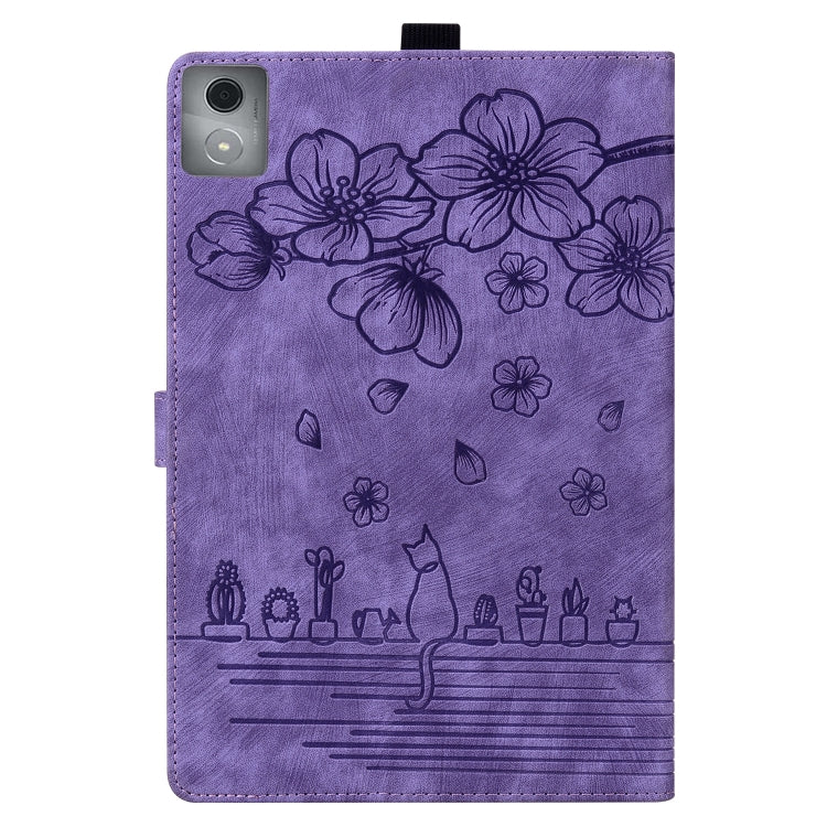 For Lenovo Tab K11 Plus / M11 Plus Cartoon Sakura Cat Embossed Leather Tablet Case(Purple)