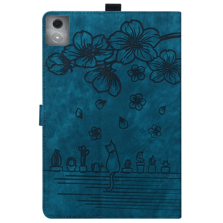 For Lenovo Tab K11 Plus / M11 Plus Cartoon Sakura Cat Embossed Leather Tablet Case(Blue)