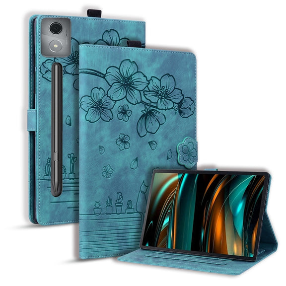 For Lenovo Xiaoxin Pad Pro 12.7 2025 Cartoon Sakura Cat Embossed Leather Tablet Case(Green)
