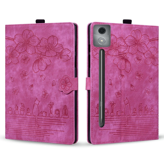 For Lenovo Xiaoxin Pad Pro 12.7 2025 Cartoon Sakura Cat Embossed Leather Tablet Case(Rose Red)