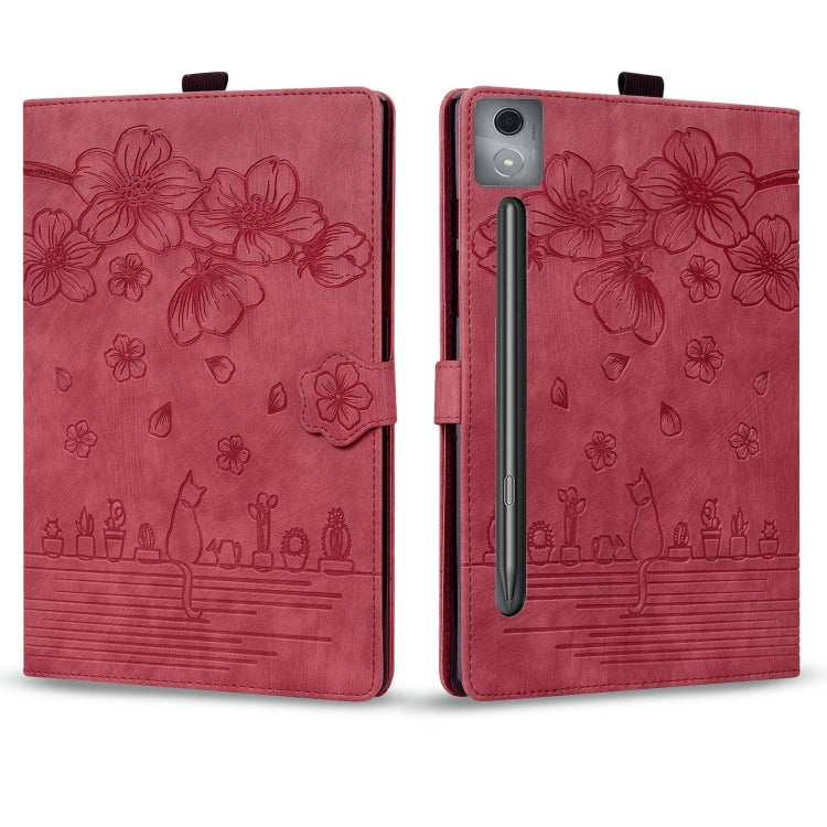 For Lenovo Xiaoxin Pad Pro 12.7 2025 Cartoon Sakura Cat Embossed Leather Tablet Case(Red)