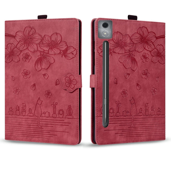 For Lenovo Xiaoxin Pad Pro 12.7 2025 Cartoon Sakura Cat Embossed Leather Tablet Case(Red)