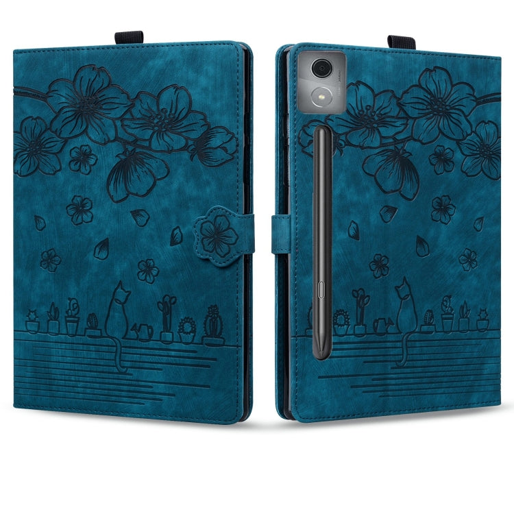 For Lenovo Xiaoxin Pad Pro 12.7 2025 Cartoon Sakura Cat Embossed Leather Tablet Case(Blue)