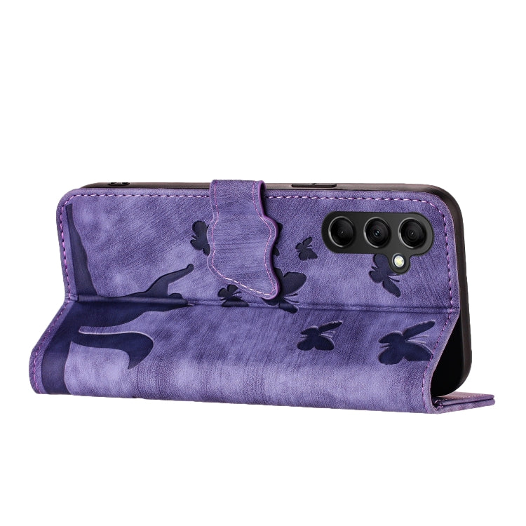 For Samsung Galaxy A15 Butterfly Cat Embossing Flip Leather Phone Case(Purple)