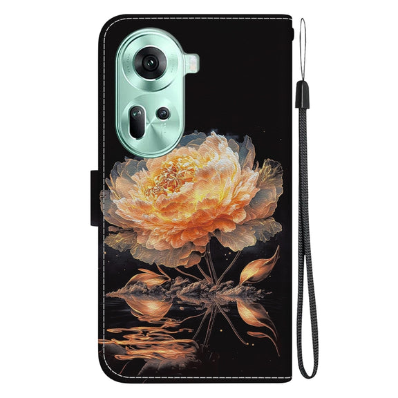 For OPPO Reno11 Global Crystal Texture Colored Drawing Leather Phone Case(Gold Peony)