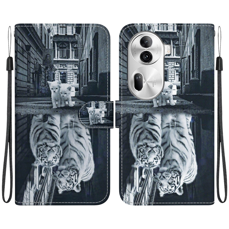 For OPPO Reno11 Pro 5G Global Crystal Texture Colored Drawing Leather Phone Case(Cat Tiger Reflection)