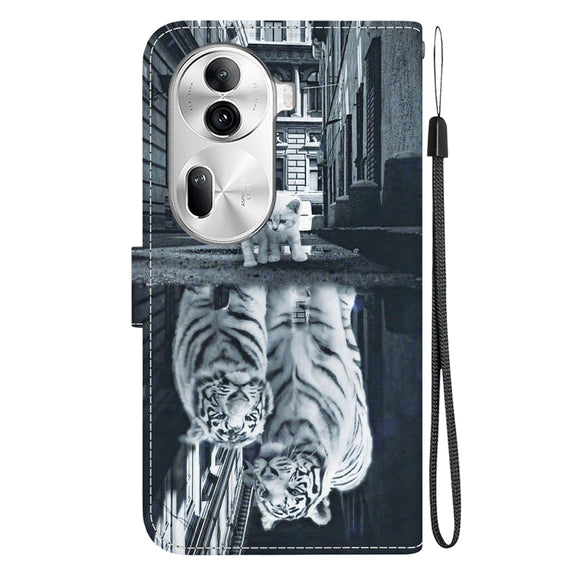 For OPPO Reno11 Pro 5G Global Crystal Texture Colored Drawing Leather Phone Case(Cat Tiger Reflection)