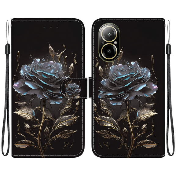 For Realme C67 4G Global Crystal Texture Colored Drawing Leather Phone Case(Black Rose)