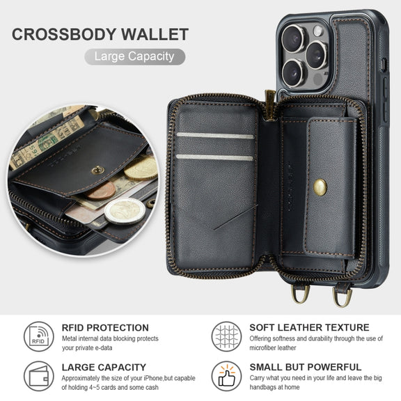 For iPhone 15 Pro Max JEEHOOD C22 Series Zipper Wallet Leather Phone Case with Dual Lanyard(Black)