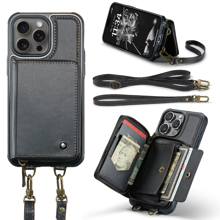 For iPhone 16 Pro Max JEEHOOD C22 Series Zipper Wallet Leather Phone Case with Dual Lanyard(Black)