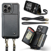 For iPhone 16 Pro Max JEEHOOD C22 Series Zipper Wallet Leather Phone Case with Dual Lanyard(Black)
