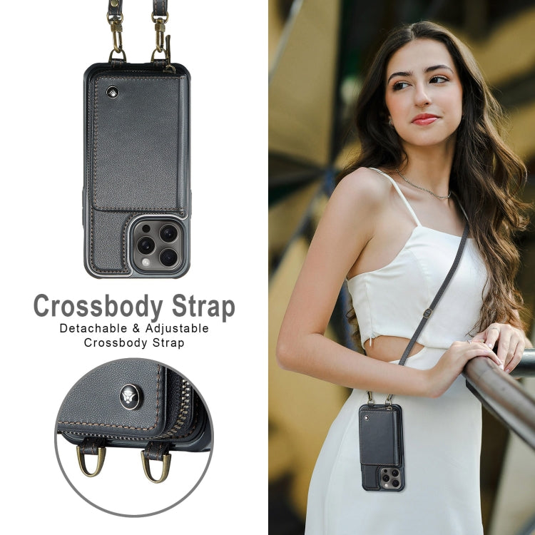 For iPhone 16 Pro Max JEEHOOD C22 Series Zipper Wallet Leather Phone Case with Dual Lanyard(Black)