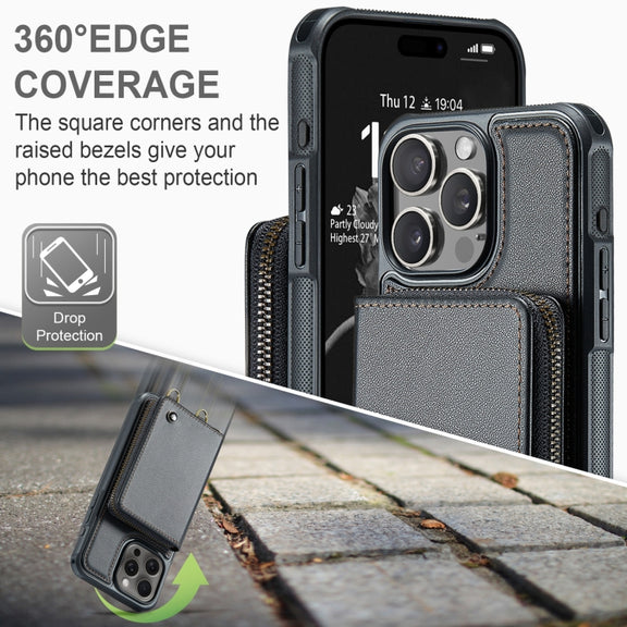 For iPhone 16 Pro Max JEEHOOD C22 Series Zipper Wallet Leather Phone Case with Dual Lanyard(Black)