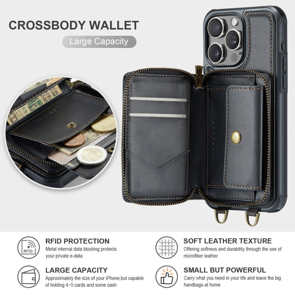 For iPhone 16 Pro Max JEEHOOD C22 Series Zipper Wallet Leather Phone Case with Dual Lanyard(Black)