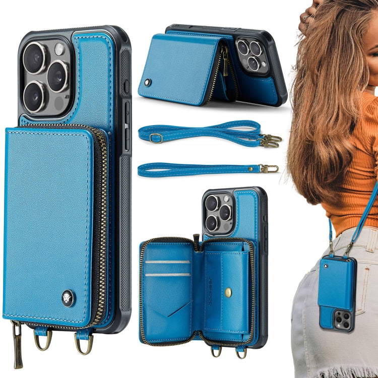 For iPhone 16 Pro Max JEEHOOD C22 Series Zipper Wallet Leather Phone Case with Dual Lanyard(Blue)