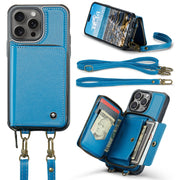 For iPhone 16 Pro Max JEEHOOD C22 Series Zipper Wallet Leather Phone Case with Dual Lanyard(Blue)