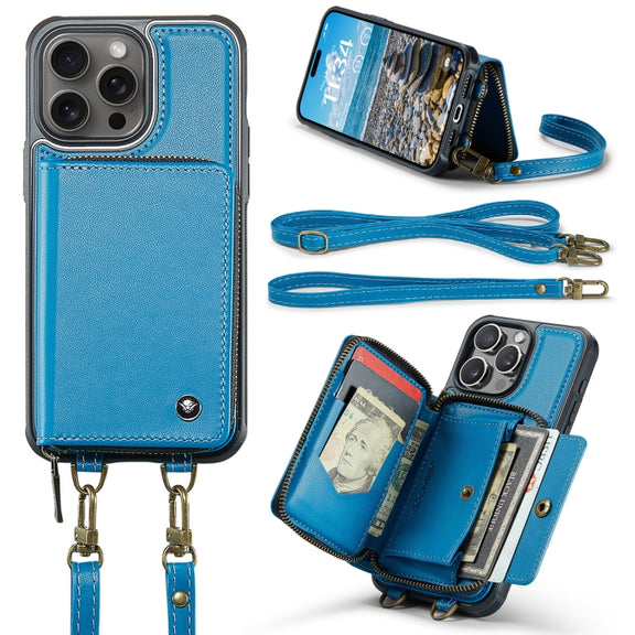 For iPhone 16 Pro Max JEEHOOD C22 Series Zipper Wallet Leather Phone Case with Dual Lanyard(Blue)