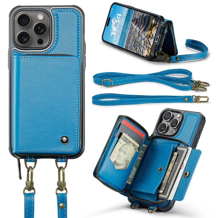 For iPhone 16 Pro Max JEEHOOD C22 Series Zipper Wallet Leather Phone Case with Dual Lanyard(Blue)