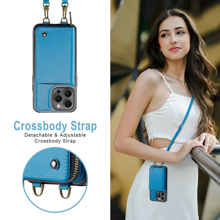 For iPhone 16 Pro Max JEEHOOD C22 Series Zipper Wallet Leather Phone Case with Dual Lanyard(Blue)