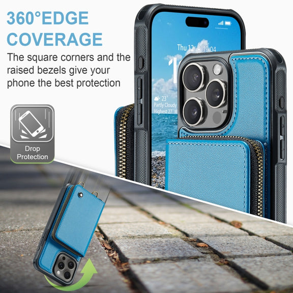 For iPhone 16 Pro Max JEEHOOD C22 Series Zipper Wallet Leather Phone Case with Dual Lanyard(Blue)