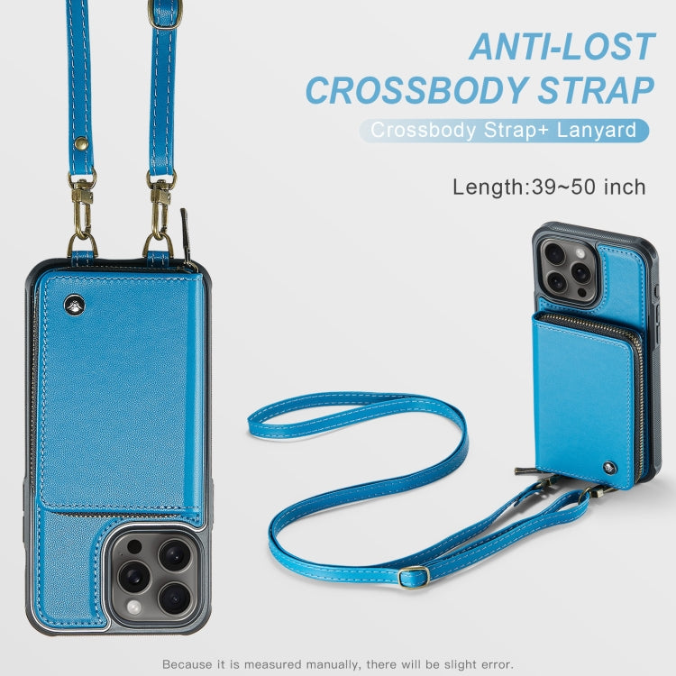 For iPhone 16 Pro Max JEEHOOD C22 Series Zipper Wallet Leather Phone Case with Dual Lanyard(Blue)