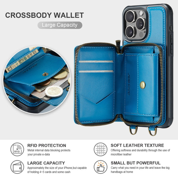 For iPhone 16 Pro Max JEEHOOD C22 Series Zipper Wallet Leather Phone Case with Dual Lanyard(Blue)