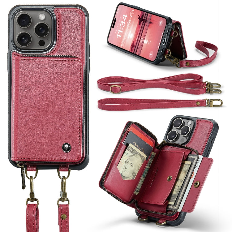 For iPhone 16 Pro Max JEEHOOD C22 Series Zipper Wallet Leather Phone Case with Dual Lanyard(Red)