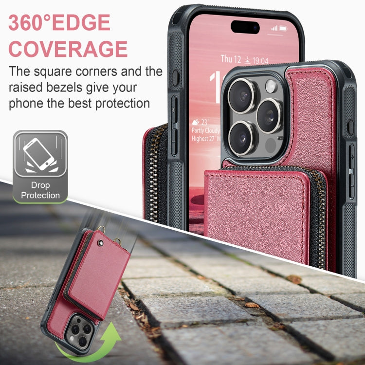 For iPhone 16 Pro Max JEEHOOD C22 Series Zipper Wallet Leather Phone Case with Dual Lanyard(Red)