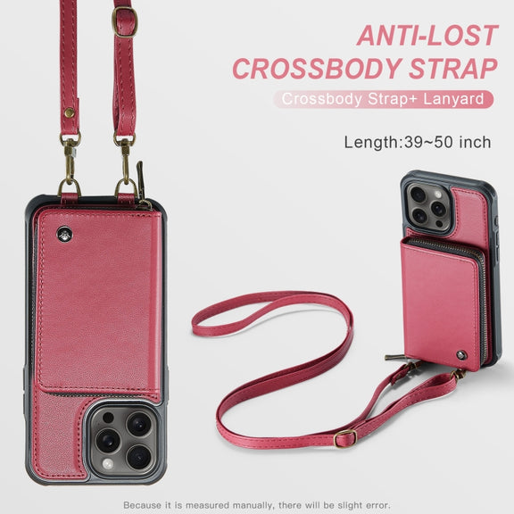 For iPhone 16 Pro Max JEEHOOD C22 Series Zipper Wallet Leather Phone Case with Dual Lanyard(Red)
