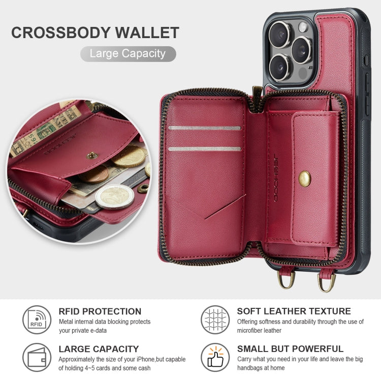 For iPhone 16 Pro Max JEEHOOD C22 Series Zipper Wallet Leather Phone Case with Dual Lanyard(Red)