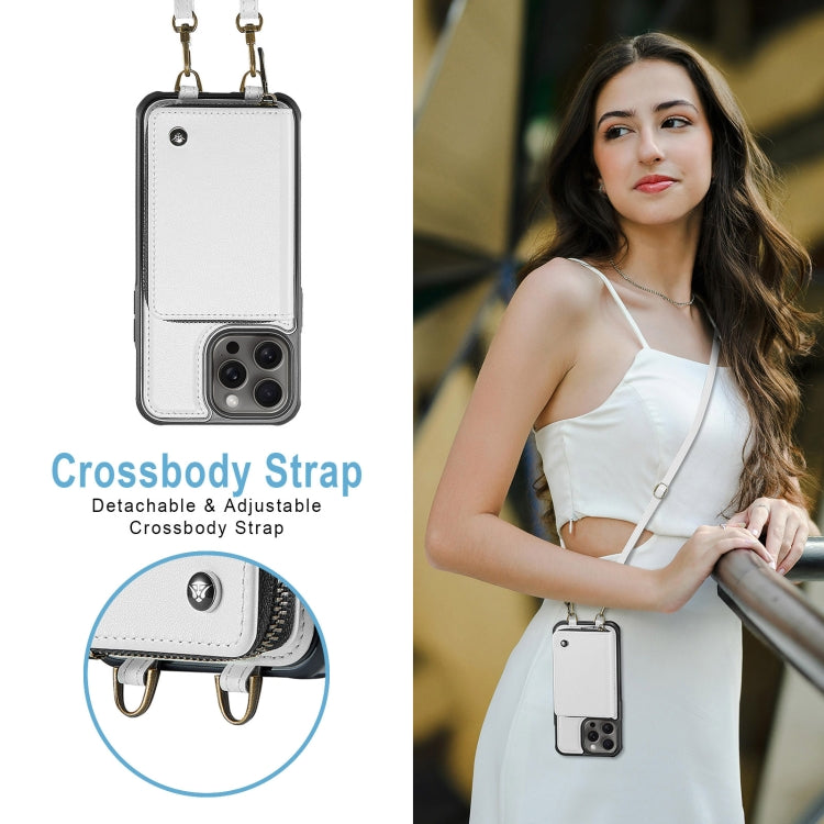 For iPhone 16 Pro Max JEEHOOD C22 Series Zipper Wallet Leather Phone Case with Dual Lanyard(White)