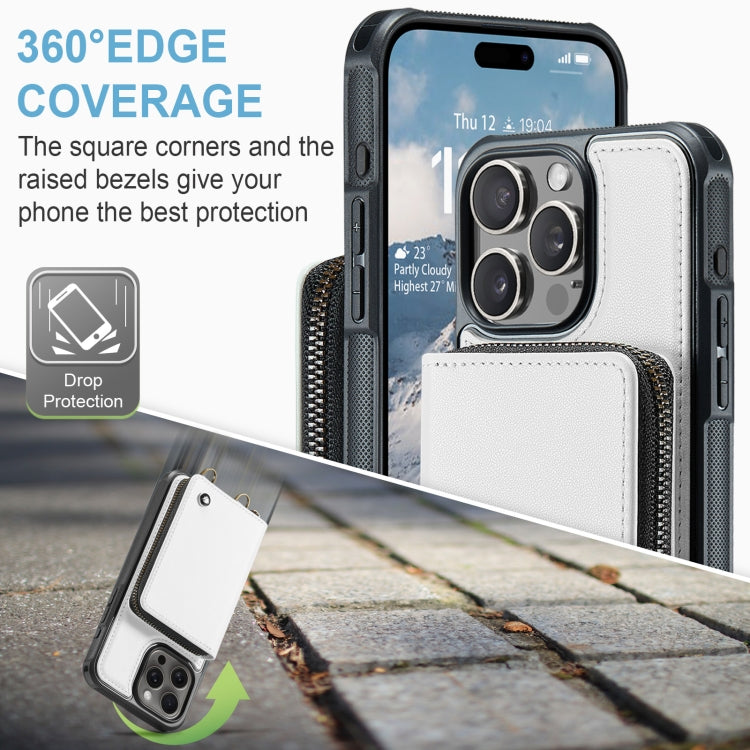 For iPhone 16 Pro Max JEEHOOD C22 Series Zipper Wallet Leather Phone Case with Dual Lanyard(White)