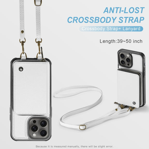 For iPhone 16 Pro Max JEEHOOD C22 Series Zipper Wallet Leather Phone Case with Dual Lanyard(White)