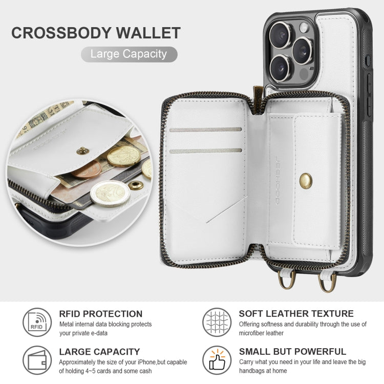 For iPhone 16 Pro Max JEEHOOD C22 Series Zipper Wallet Leather Phone Case with Dual Lanyard(White)