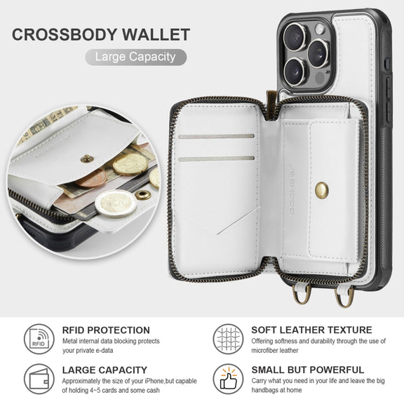 For iPhone 16 Pro Max JEEHOOD C22 Series Zipper Wallet Leather Phone Case with Dual Lanyard(White)