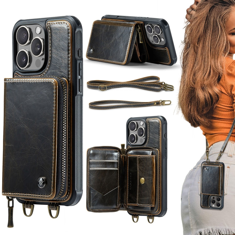 For iPhone 16 Pro Max JEEHOOD C22 Series Zipper Wallet Leather Phone Case with Dual Lanyard(Coffee)