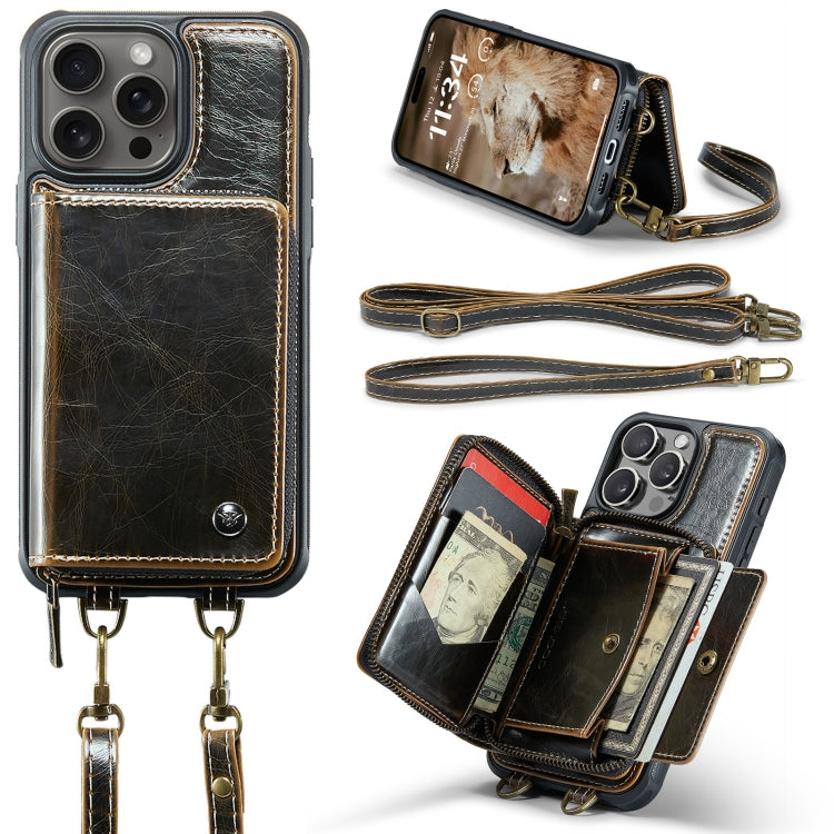 For iPhone 16 Pro Max JEEHOOD C22 Series Zipper Wallet Leather Phone Case with Dual Lanyard(Coffee)