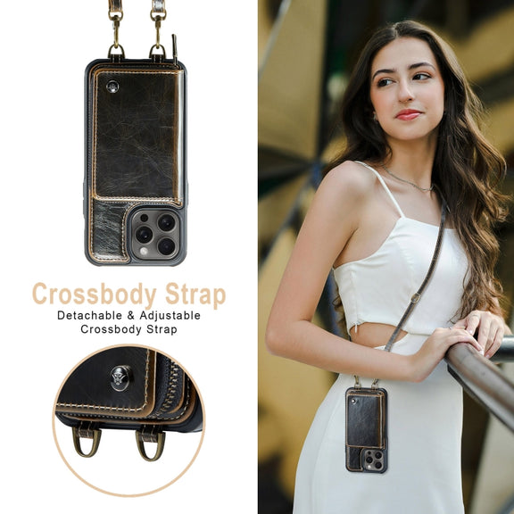 For iPhone 16 Pro Max JEEHOOD C22 Series Zipper Wallet Leather Phone Case with Dual Lanyard(Coffee)