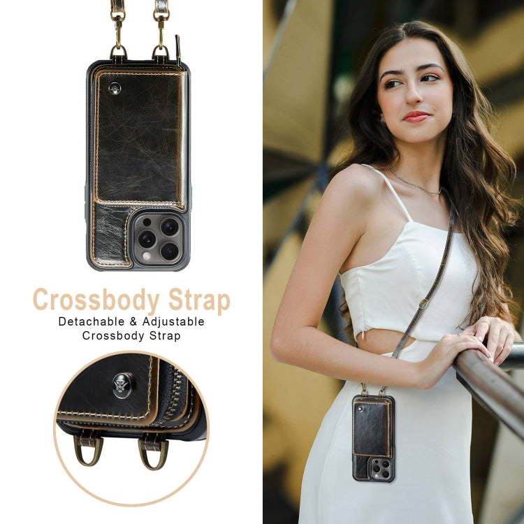For iPhone 16 Pro Max JEEHOOD C22 Series Zipper Wallet Leather Phone Case with Dual Lanyard(Coffee)