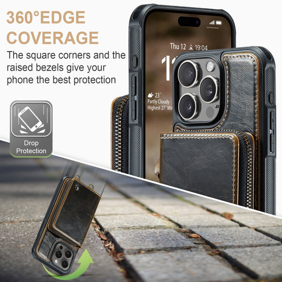 For iPhone 16 Pro Max JEEHOOD C22 Series Zipper Wallet Leather Phone Case with Dual Lanyard(Coffee)