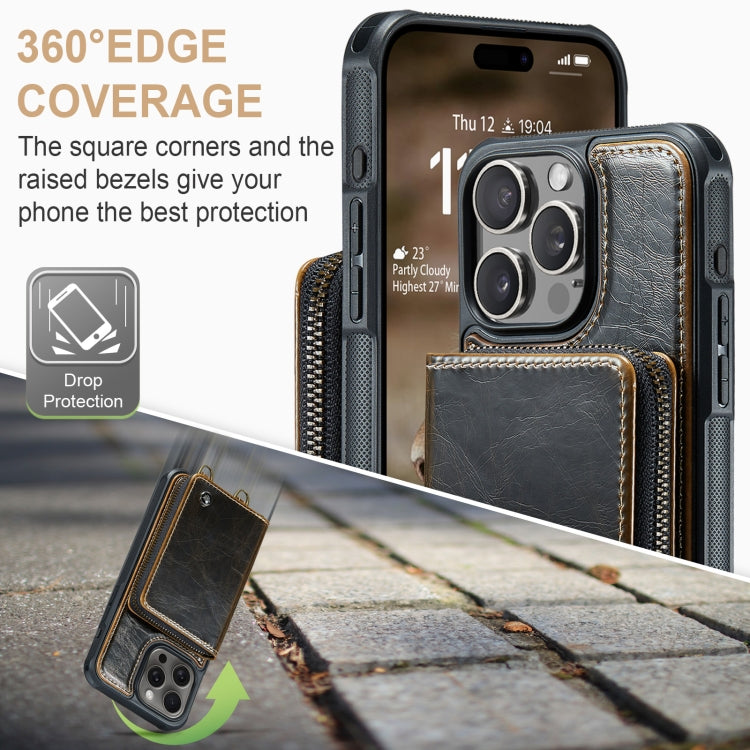 For iPhone 16 Pro Max JEEHOOD C22 Series Zipper Wallet Leather Phone Case with Dual Lanyard(Coffee)
