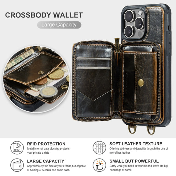 For iPhone 16 Pro Max JEEHOOD C22 Series Zipper Wallet Leather Phone Case with Dual Lanyard(Coffee)
