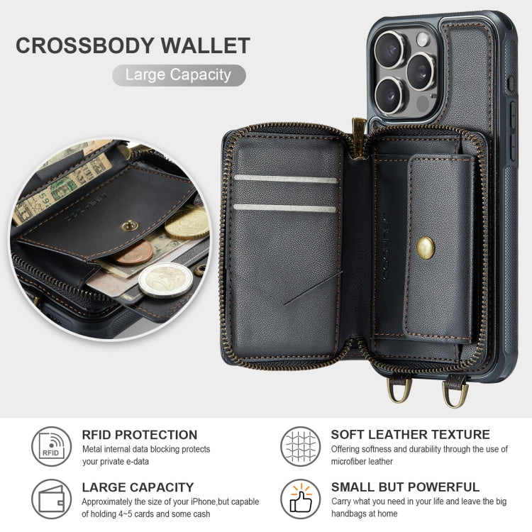 For iPhone 16 Pro JEEHOOD C22 Series Zipper Wallet Leather Phone Case with Dual Lanyard(Black)